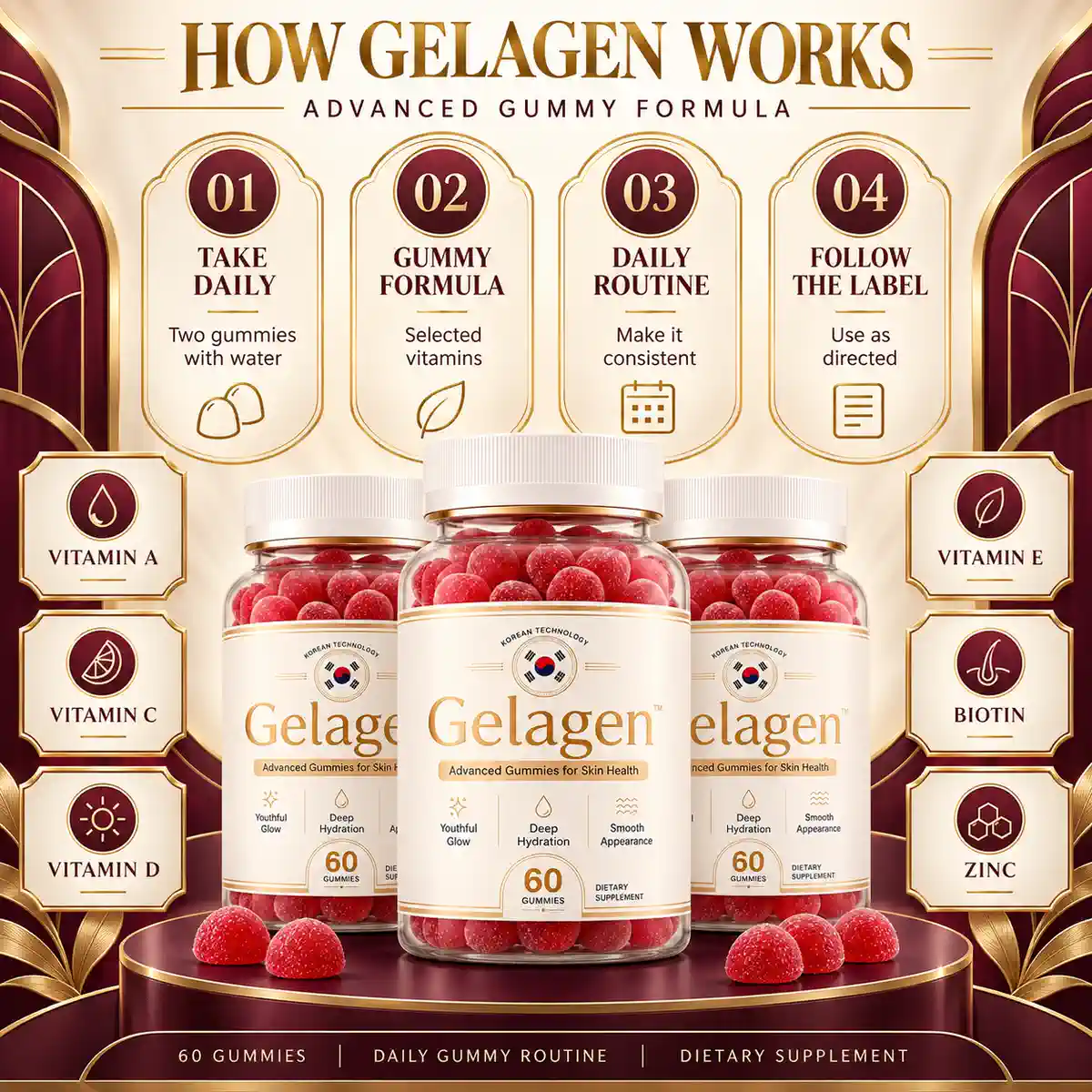 Gelagen seller artwork headed How Gelagen Works, with four numbered steps, Take Daily, Gummy Formula, Daily Routine and Follow The Label, three bottles on a dark red plinth and six nutrient roundels naming vitamins A, C, D and E, biotin and zinc