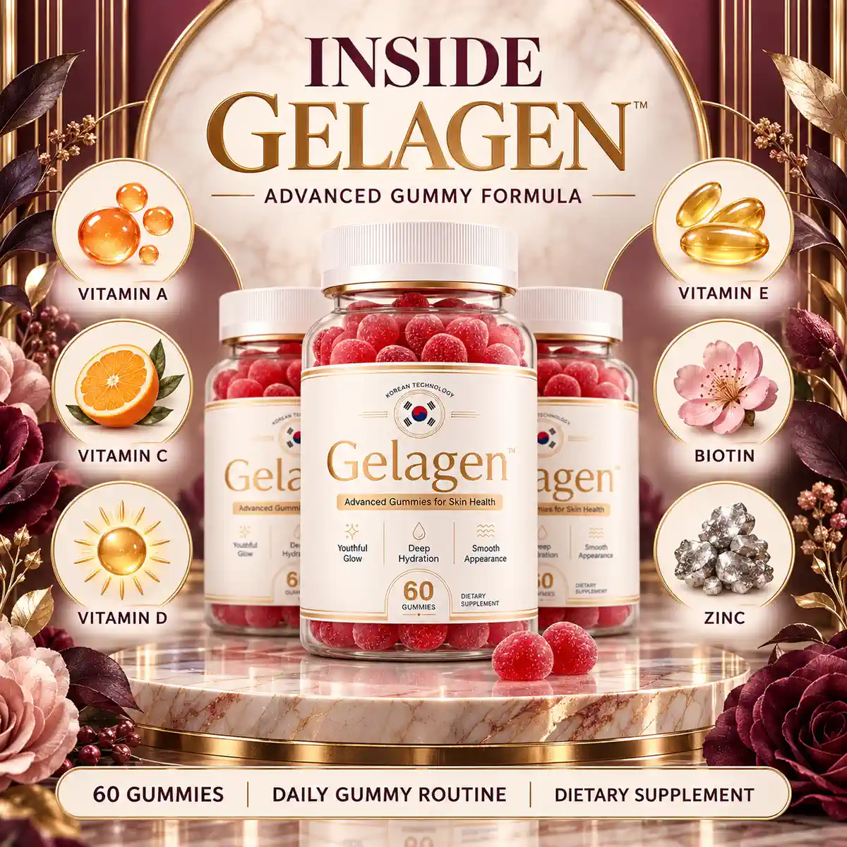 Gelagen seller artwork headed Inside Gelagen, Advanced Gummy Formula, with three bottles on a marble plinth and six illustrated roundels for vitamin A, vitamin C, vitamin D, vitamin E, biotin and zinc, framed by dark red roses and gold leaves