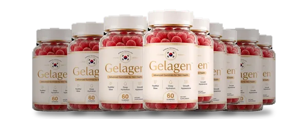 A wide row of Gelagen bottles for the six-bottle pack, one turned to the front