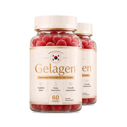 Two Gelagen bottles, the front one face on with its skin health label readable