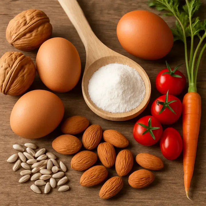 Eggs, walnuts, almonds, sunflower seeds, a wooden spoon of white powder, tomatoes and a carrot on a wooden board