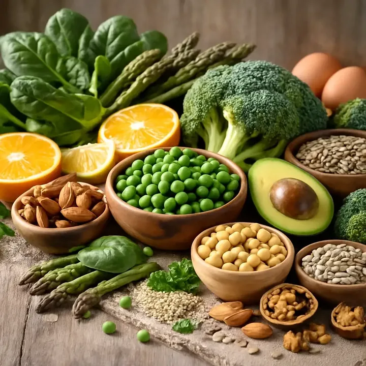 Spinach, asparagus, broccoli, green peas, chickpeas, avocado, oranges, almonds and seeds arranged on a wooden surface