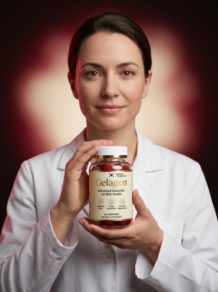 A woman in a white coat holding a Gelagen bottle towards the camera, the front label readable, against a dark red background